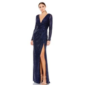 Mac Duggal 26490 Midnight Sequin Long Sleeve Faux Wrap Formal Gown NWT‎